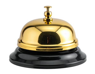 Shiny gold service bell with black base, ready to be rung for attention