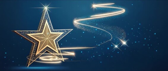 Glowing golden star with light trail on blue background - Powered by Adobe