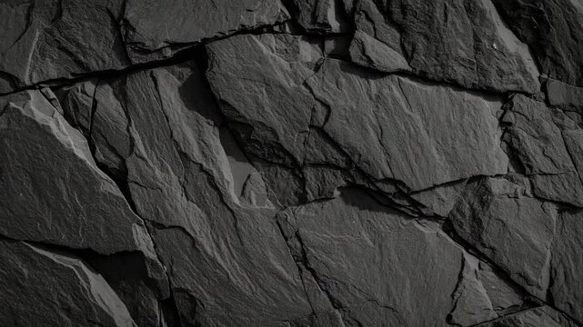 Dramatic close-up of a fractured dark gray slate stone surface with textured and dimensional geological formations, perfect for background textures