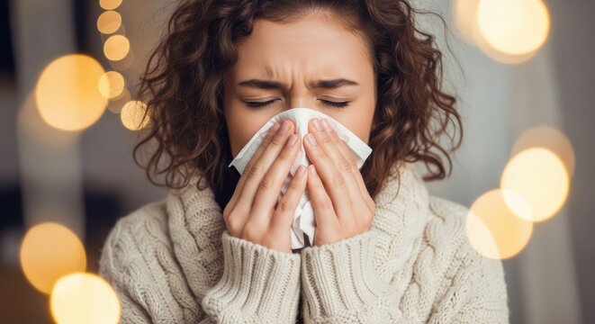 Young woman showing signs of illness by holding a tissue to her nose while wearing a cozy sweater indoors during winter