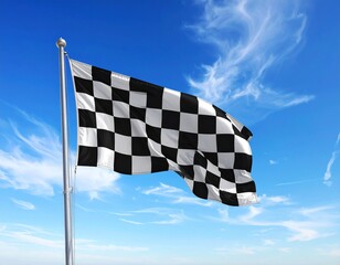 Checkered racing flag waving on flagpole against bright blue sky with wispy clouds showcasing motorsport symbolism
