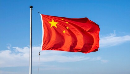 Chinese national flag waving on flagpole against clear blue sky showcasing national symbolism and cultural identity