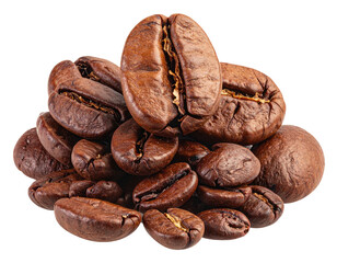 Roasted coffee beans, piled in a heap, showing textures and a close-up detail