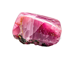Close-up of a polished, multifaceted red-pink gemstone against a black backdrop