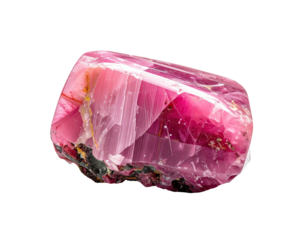 Close-up of a polished, multifaceted red-pink gemstone against a black backdrop