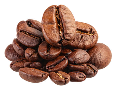 Roasted coffee beans, piled in a heap, showing textures and a close-up detail