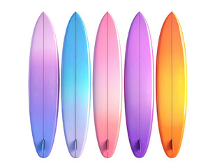 Five colorful surfboards, arranged vertically, with gradient hues against black