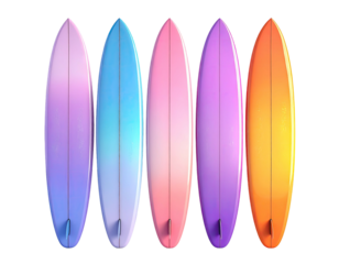 Five colorful surfboards, arranged vertically, with gradient hues against black