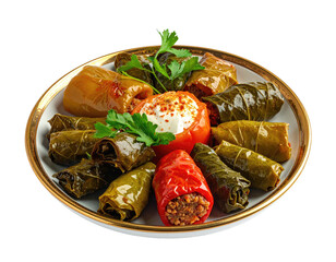 Assortment of stuffed vegetables and wrapped leaves on a decorative plate