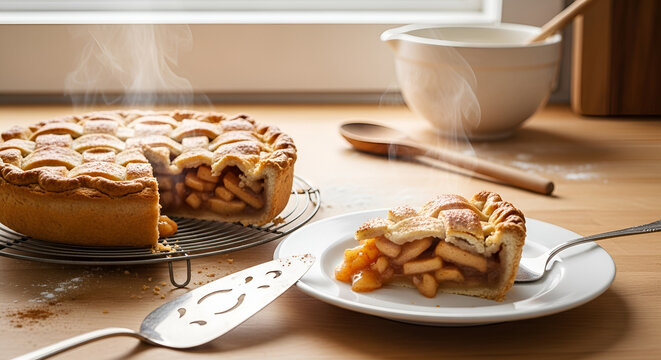 A freshly baked apple pie with a slice cut out on a wire rack and a slice on a white plate