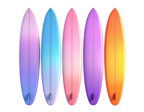 Five colorful surfboards, arranged vertically, with gradient hues against black