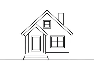 A simple line drawing of a house with a chimney, door, and windows.