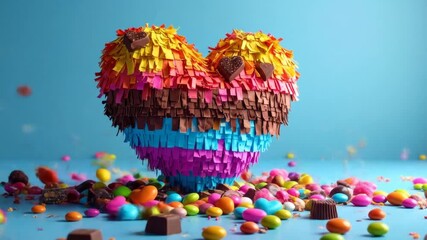 A heart-shaped, colorful pi?ata filled with candy, surrounded by scattered treats. Blue backdrop - Powered by Adobe