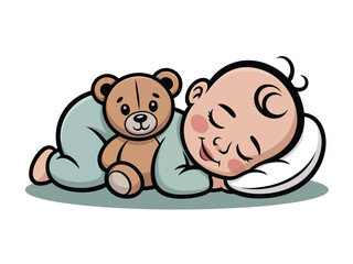 A sweet baby sleeps peacefully with a beloved teddy bear friend.