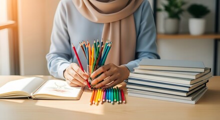 A person wearing a beige scarf and light blue shirt organizing colorful pencils on a wooden desk with books and a plant in the background