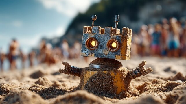 Retro robot, a charming sandy beach find, beckons for imaginative stories and playful tech themes, a nostalgic nod to vintage robotics and carefree days