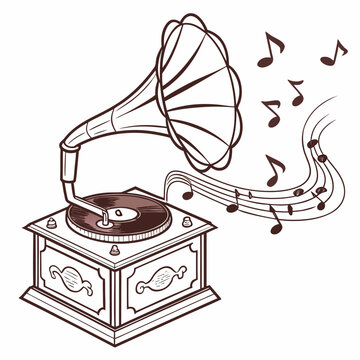 Vintage gramophone playing music with musical notes flowing outward