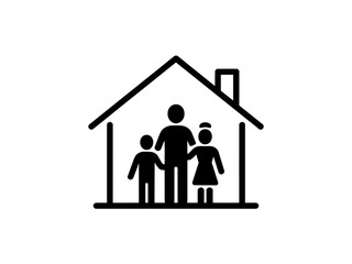 A family of three stands inside a simple house silhouette.
