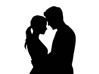 A silhouette of a couple embracing tenderly against a white background.