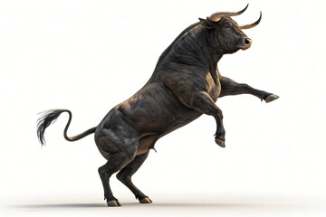 Fototapeta premium Powerful muscular bull with large horns rearing up against a white background showing aggressive stance