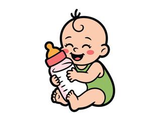 A happy baby is holding a baby bottle filled with milk.