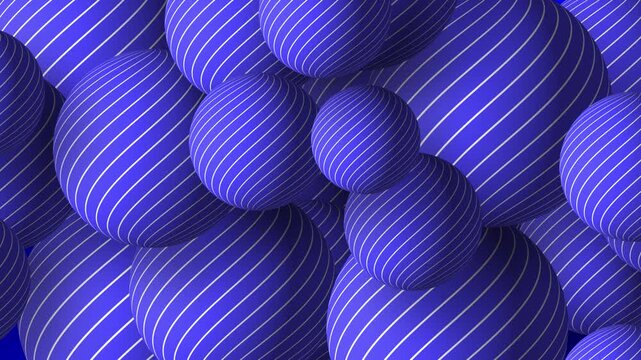 Slow motion 3D animation showing striped line work circular round balls moving on a gradient dynamic background visual effect patterns motion graphics abstract design colour way tones navy blue