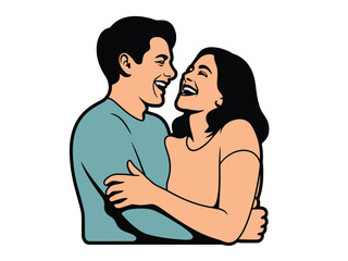 A happy couple embraces and laughs together, sharing a moment of joy and affection.