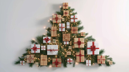 Festive Gift Tree: A unique Christmas display of presents creatively arranged in the shape of a tree, symbolizing the joy and anticipation of the holiday season.