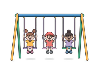 Three happy children enjoying a swing set at a playground.