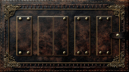 Antique leather book cover with embossed texture, metal rivets, brass corner decorations, and stitched detailing