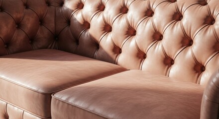 Fototapeta premium Leather sofa with tufted design in warm lighting enhances cozy living room atmosphere