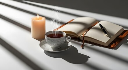 A cozy workspace scene featuring a steaming cup of coffee, an open notebook with a pen, a lit candle, and shadows cast by window blinds creating a calm atmosphere