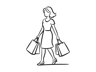 A woman walks with shopping bags in a stylized line drawing.