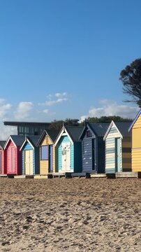 Vertical View of Brighton Bathing Boxes in Melbourne, Australia, Tourist Attraction on Dendy Street Beach