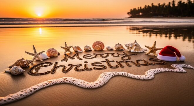 “Merry Christmas” written on sandy beach under sunset sky