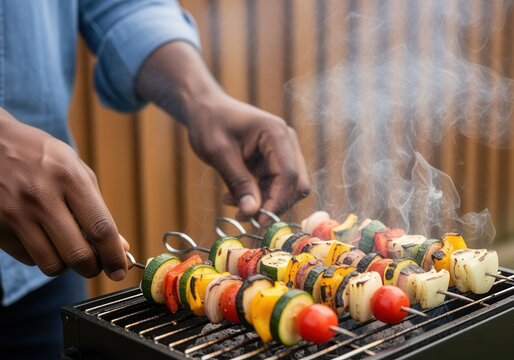 An African-American man grilling colorful vegetable skewers on a small barbecue. Healthy vegetarian kebabs cooking outdoors during a summer cookout