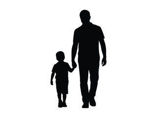 A father and son are walking hand in hand, silhouetted against a white background.