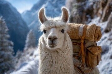 Charming llama with a pack ready for adventure in the snowy mountains, inviting exploration and wanderlust, perfect for travel and outdoor themed content
