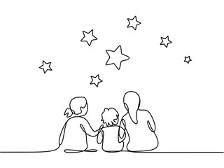 A family gazes up at a sky filled with shining stars.