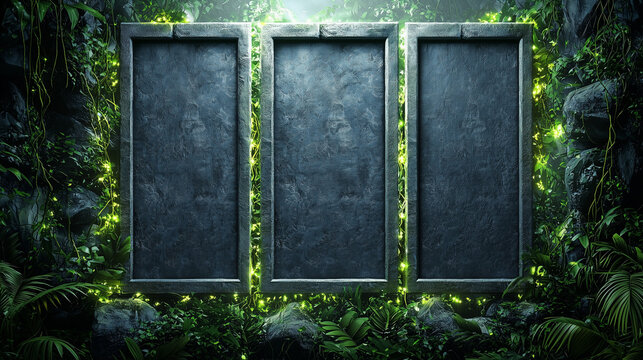Three empty stone frames on a jungle wall surrounded by glowing green vines and tropical foliage in a mystical setting.