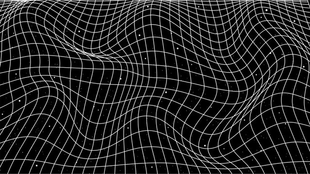 3d distorted wireframe grid warp template design vector illustration background. Empty 3 dimension virtual mesh with perspective wireframe grid geometric sketch. Cyber virtual line wavy frame.