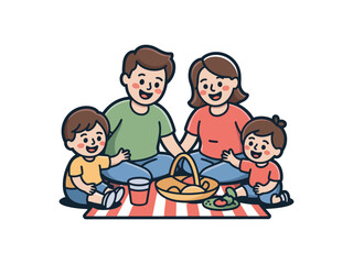 A happy family enjoys a picnic together on a blanket with food.