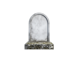 A weathered white tombstone with moss and lichen sits on a dark background with a transparent background overlay and a slight vignette effect