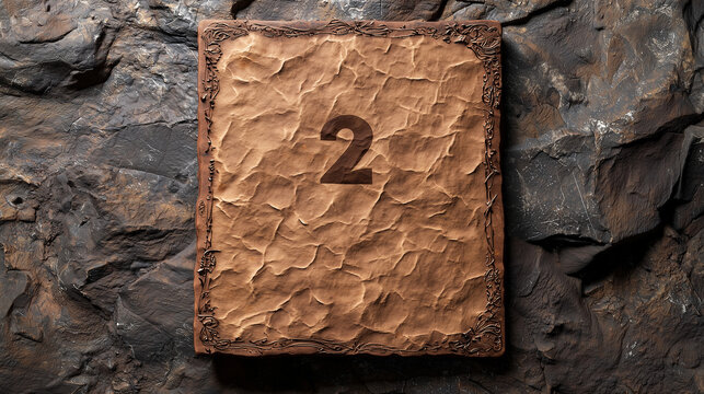 Vintage leather book with embossed number 2 on textured cover, placed on rocky stone surface, evoking mystery and antiquity