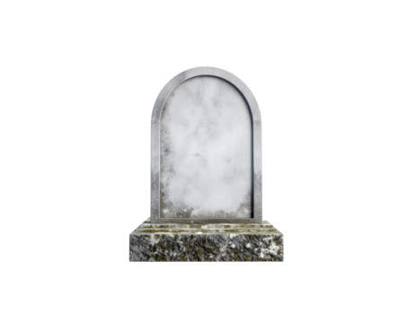 A weathered white tombstone with moss and lichen sits on a dark background with a transparent background overlay and a slight vignette effect
