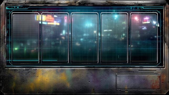 Futuristic digital interface with glowing grid panels, cyberpunk lights and grunge metallic frame, perfect for sci fi or game UI.