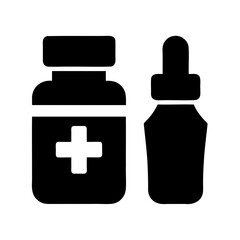 Obraz premium Medicine bottle icon with cross and liquid dropper vial Vector, illustration