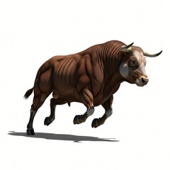 Fototapeta premium Muscular brown bull in motion on a white background appearing to charge or gallop