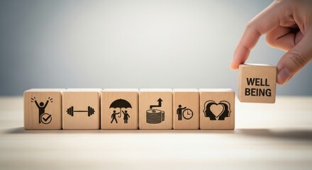 Building a foundation for well being with blocks representing health, finance, and relationships