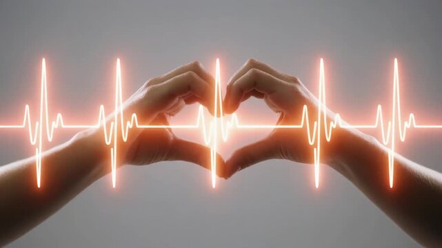 A pair of human hands creating pulse waves of light over a white background, symbolizing heartbeat, life, and connection between people.